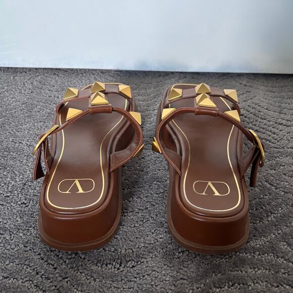 Valentino Garavani Roman Stud Leather Slide Sandals Tan Brown Flat Mule Size 36 - Picture 8 of 14